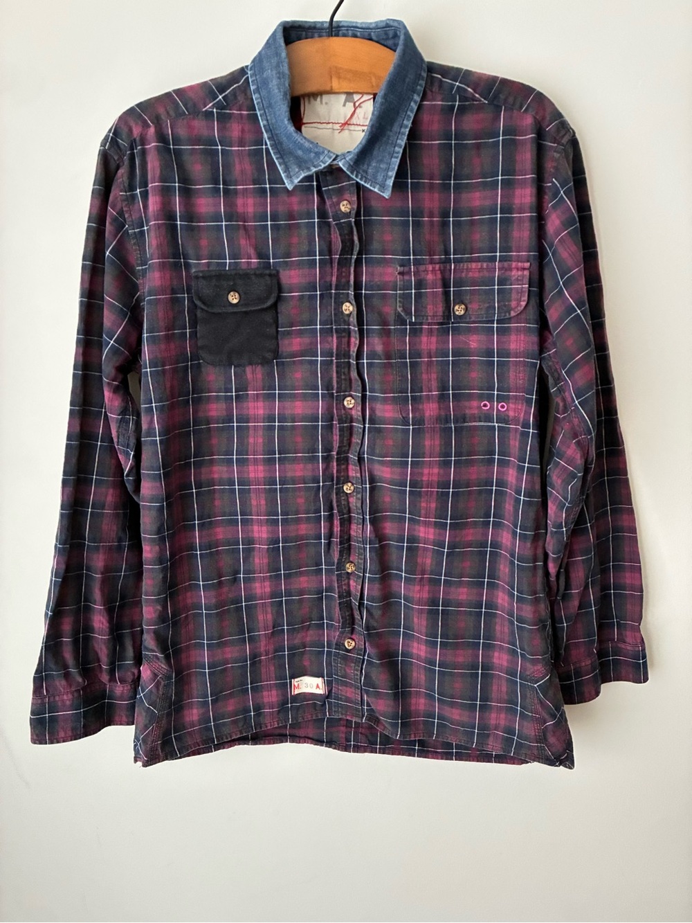 Marshall Artist Shirt Women’s XL Plaid Flannel Elbow Patches 2010 Denim Collar